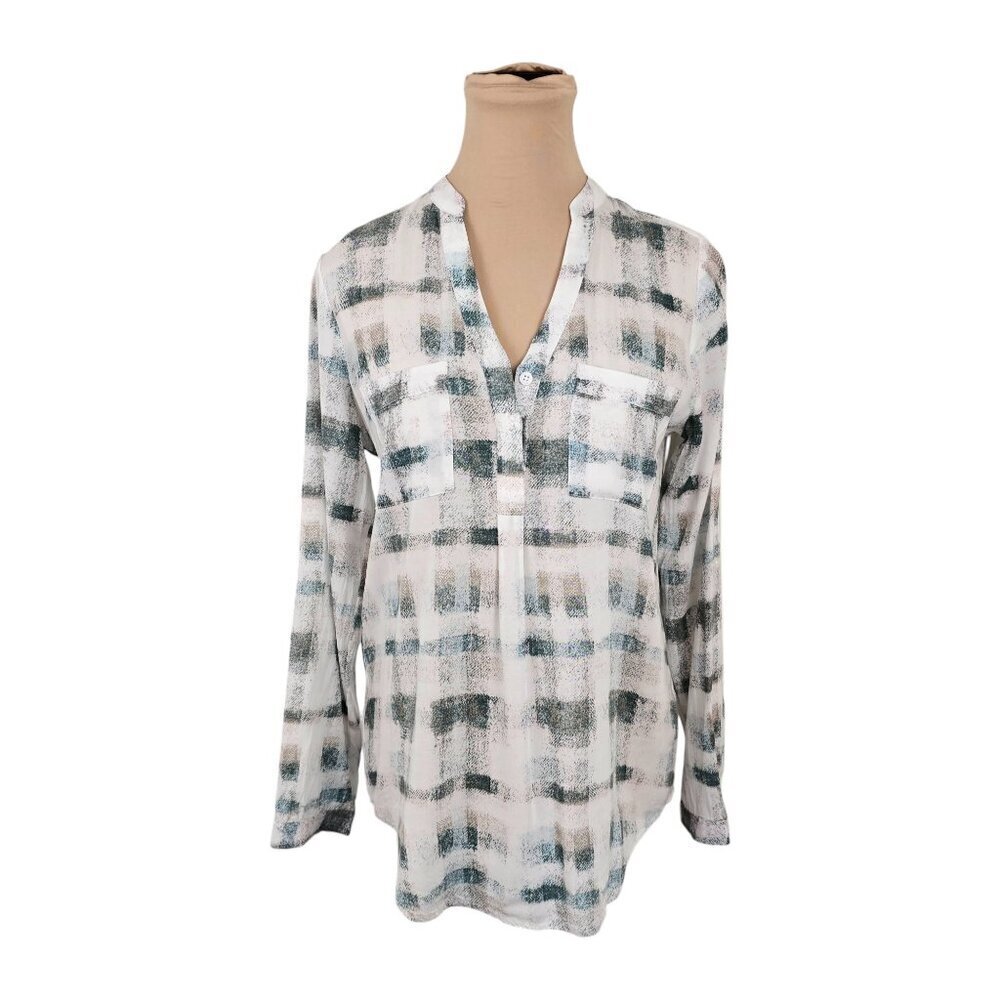 RW&Co. White Green Checkered Long Sleeve Button Up Blouse Sz XS